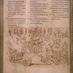 Vikingschepen omsingelen een ommuurde stad, afgebeeld in het "Utrechts psalter" uit ca 830 AD.